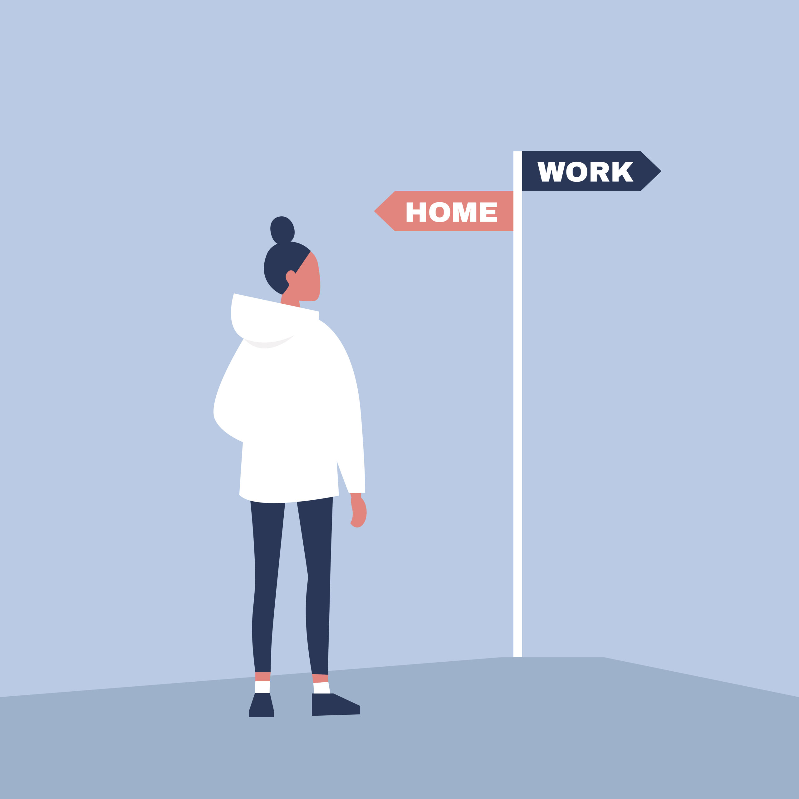 woman looking at two signs that read "home" and "work"